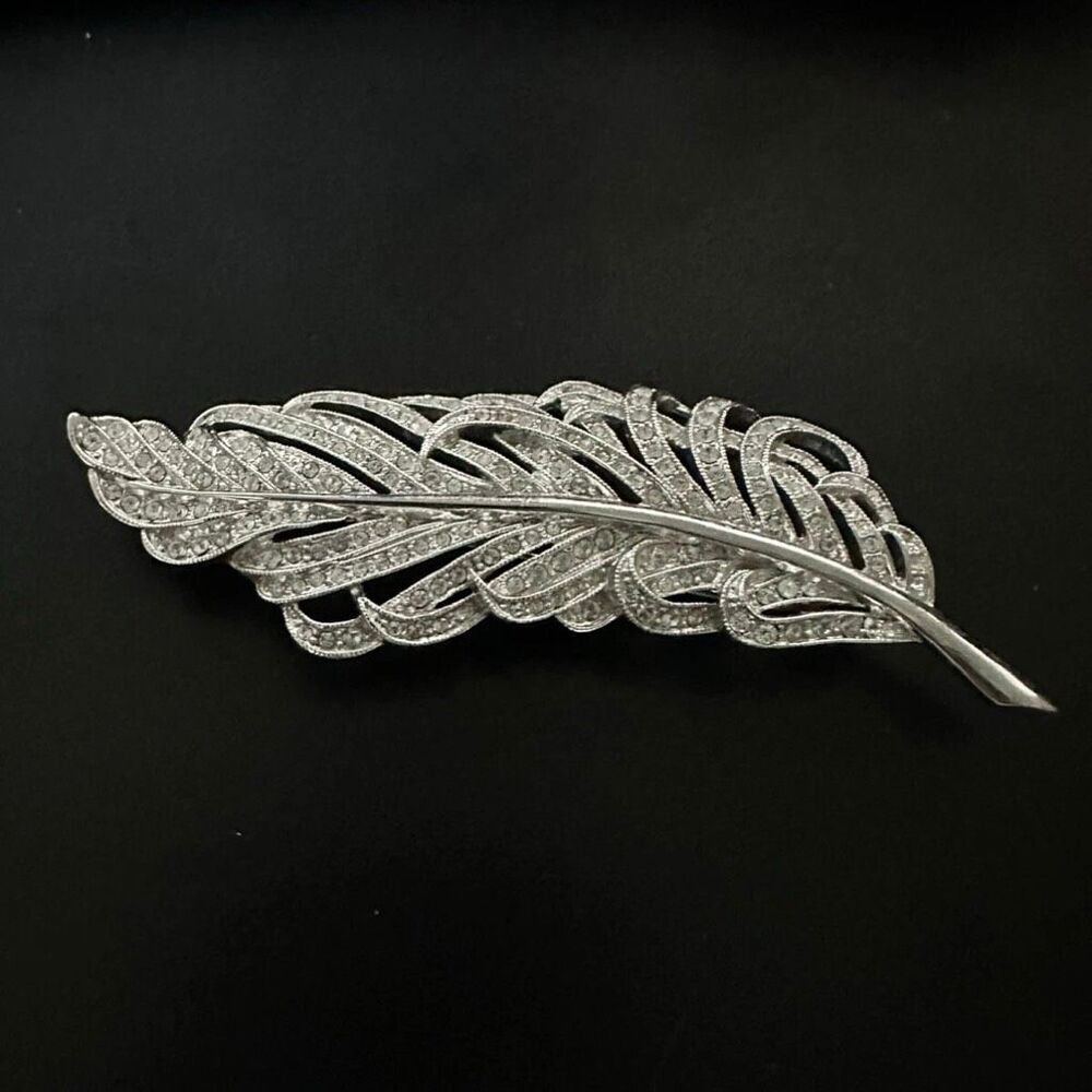 Ben-Amun Feather Brooch Silver Tone Pavé Pin Swarovski Crystals
